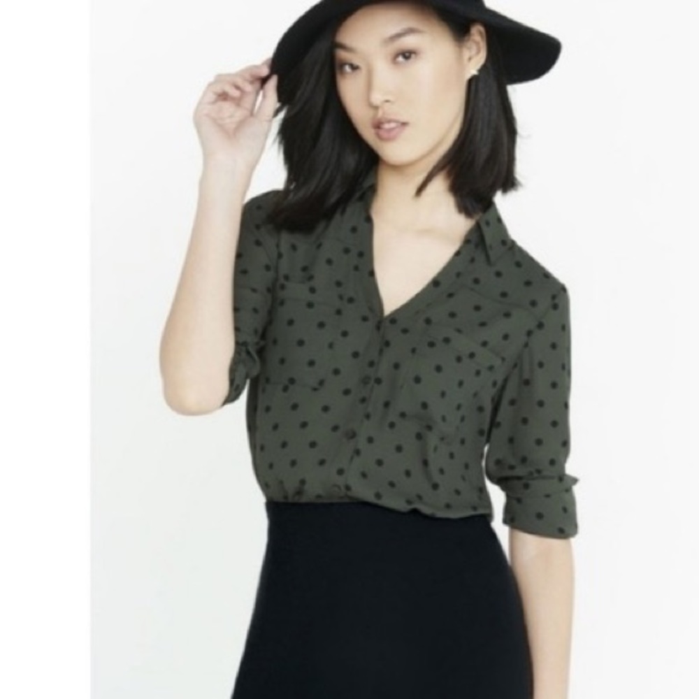 Express Portofino Button Down Polka Dot Green Sheer Collared V Neck Blouse Shirt